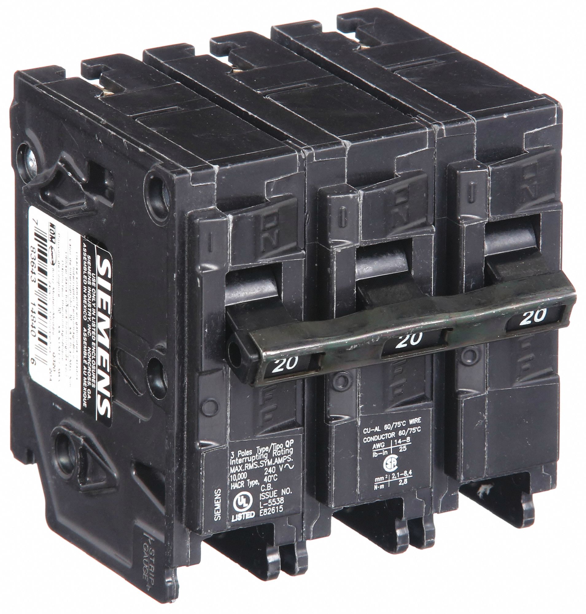 Miniature Circuit Breaker: 20 A Amps, 240V AC, 3 Poles, Std