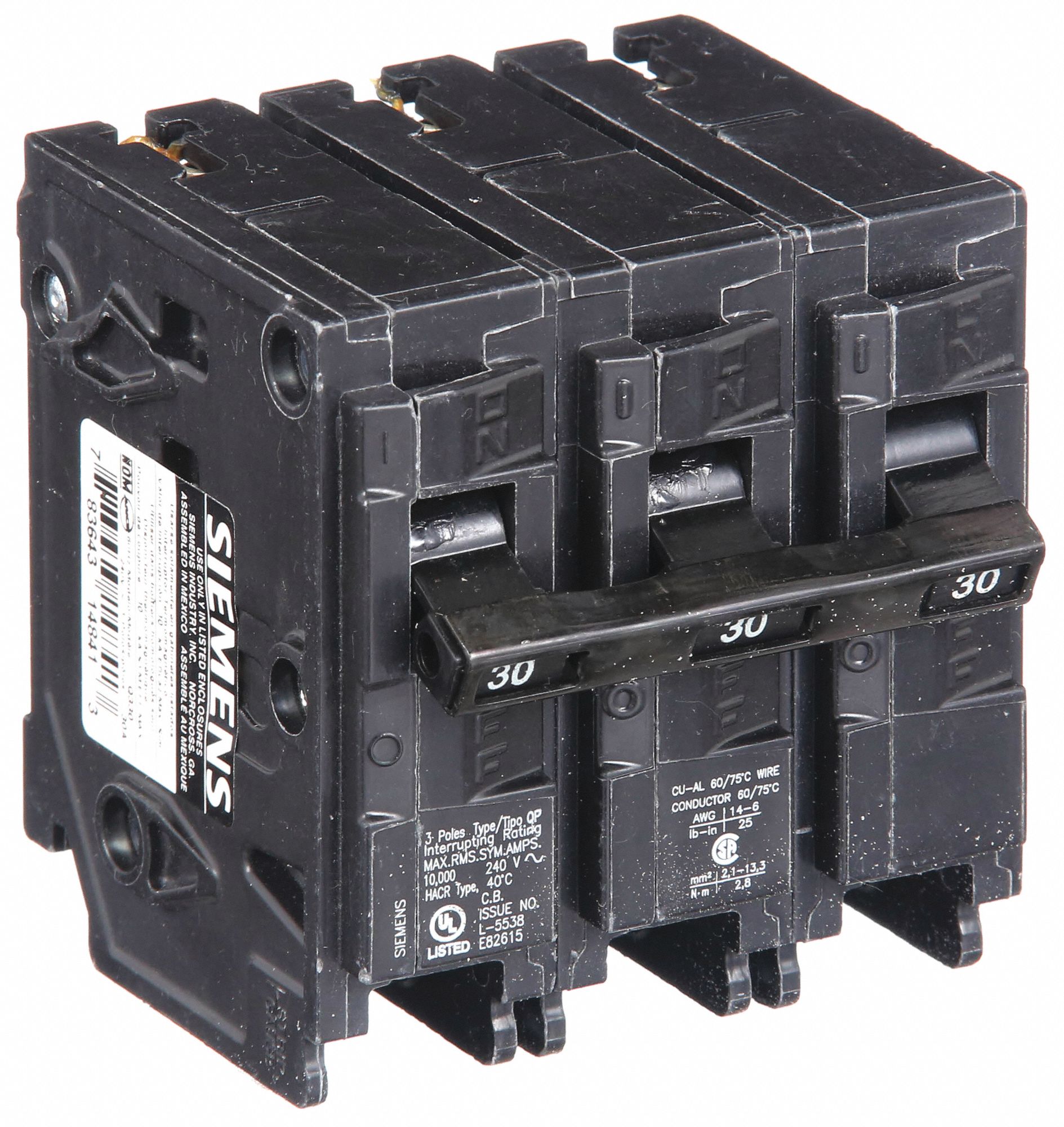 Miniature Circuit Breaker: 30 A Amps, 240V AC, 3 Poles, Std