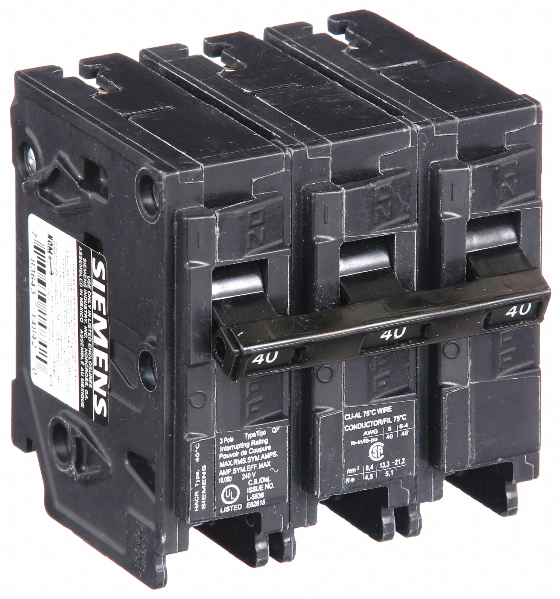 Miniature Circuit Breaker: 40 A Amps, 240V AC, 3 Poles, Std