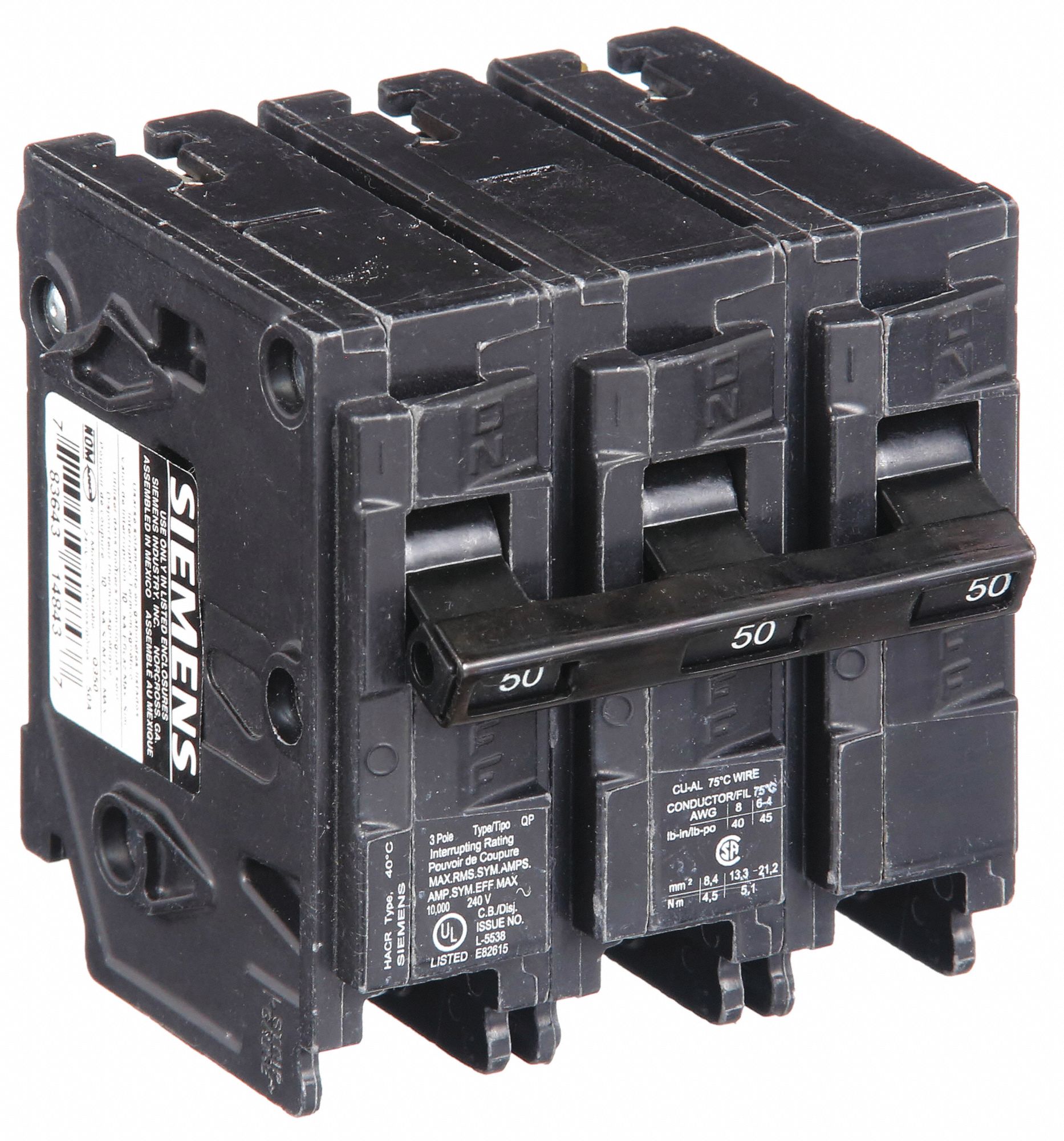 Miniature Circuit Breaker: 50 A Amps, 240V AC, 3 Poles, Std
