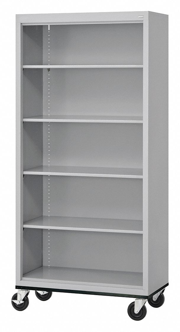 Mobile Bookcase: Assembled, Elite Series, 5 Shelves, Dove Gray, 18 in Dp, 78 in Ht