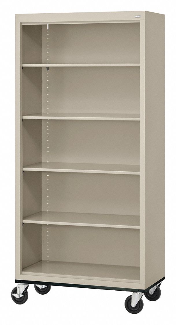 Mobile Bookcase: Assembled, Elite Series, 5 Shelves, Putty, 18 in Dp, 78 in Ht