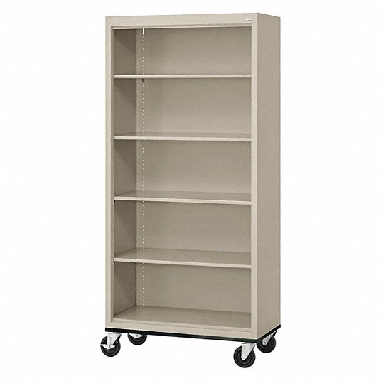Mobile Bookcase: Assembled, Elite Series, 5 Shelves, Putty, 18 in Dp, 78 in Ht