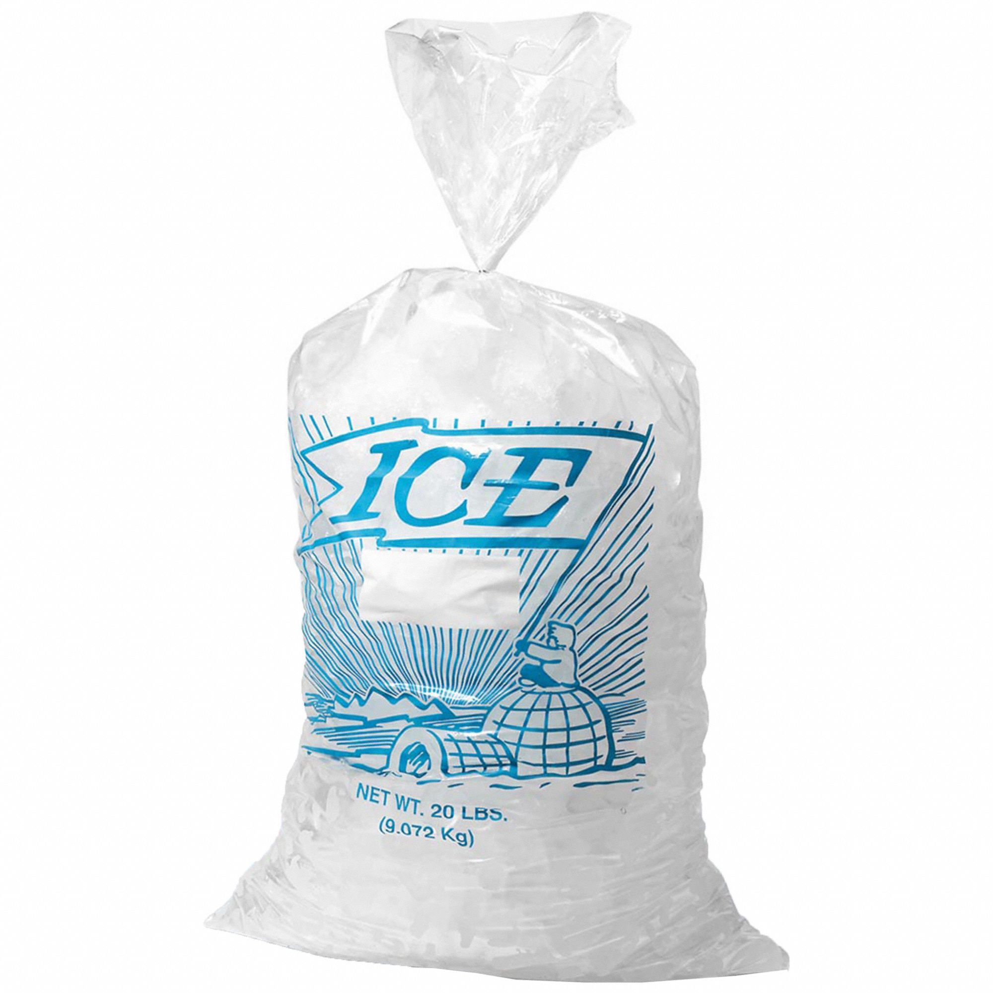 Ice Bags: Clear, LDPE, 8 in Wd, 3 in Dp, 1.2 mil Thick, Printed/Std, 1, 000 PK