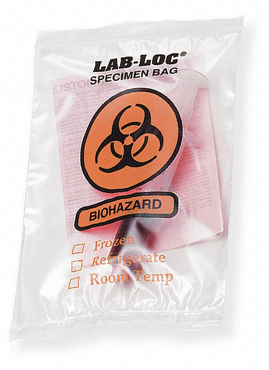 Specimen Transfer Bag: LDPE, Biohazard, 2 mil Thick, Clear, 10 in Overall Ht, Non-Sterile, 1, 000 PK