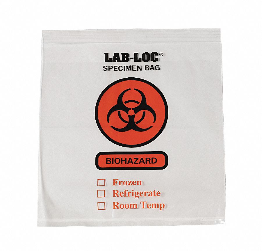 Specimen Transfer Bag: LDPE, Biohazard, 2 mil Thick, Clear, 10 in Overall Ht, Non-Sterile, 1, 000 PK