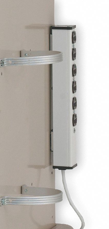 Outlet Strip for Medical Carts: 4 1/2 in Overall Ht, 15 ft Cord Lg, 5 1/2 in Overall Wd, White