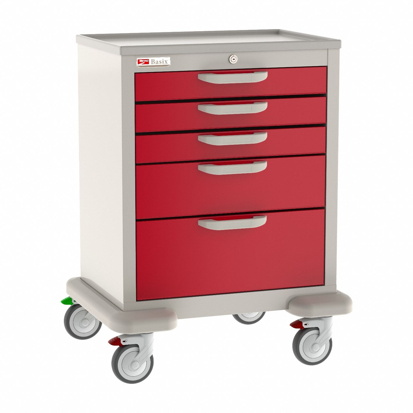 General Medical Supply Cart with Drawers: Polymer/Steel, (2) Swivel/(2) Swivel with Brake, Red