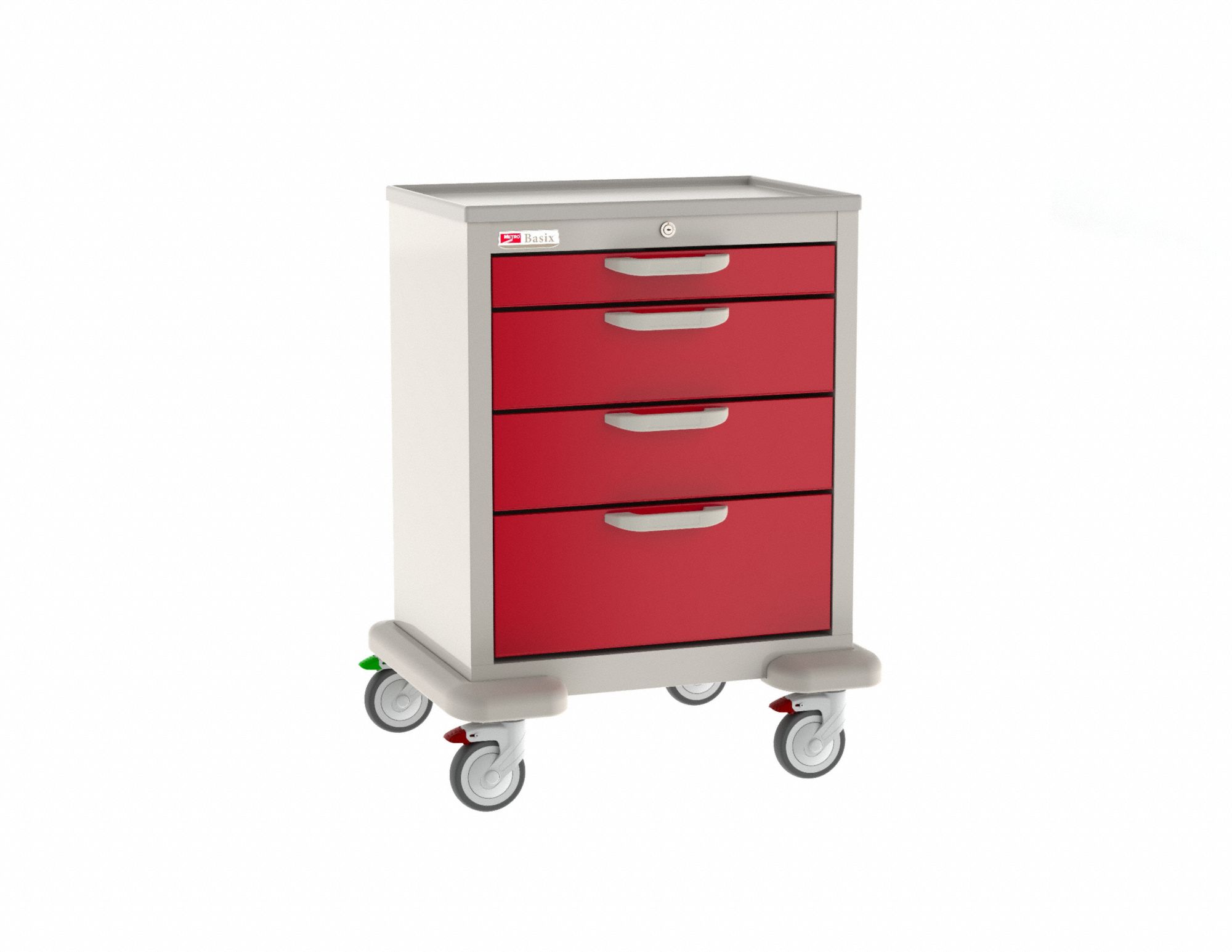 General Medical Supply Cart with Drawers: Polymer/Steel, (2) Swivel/(2) Swivel with Brake, Red