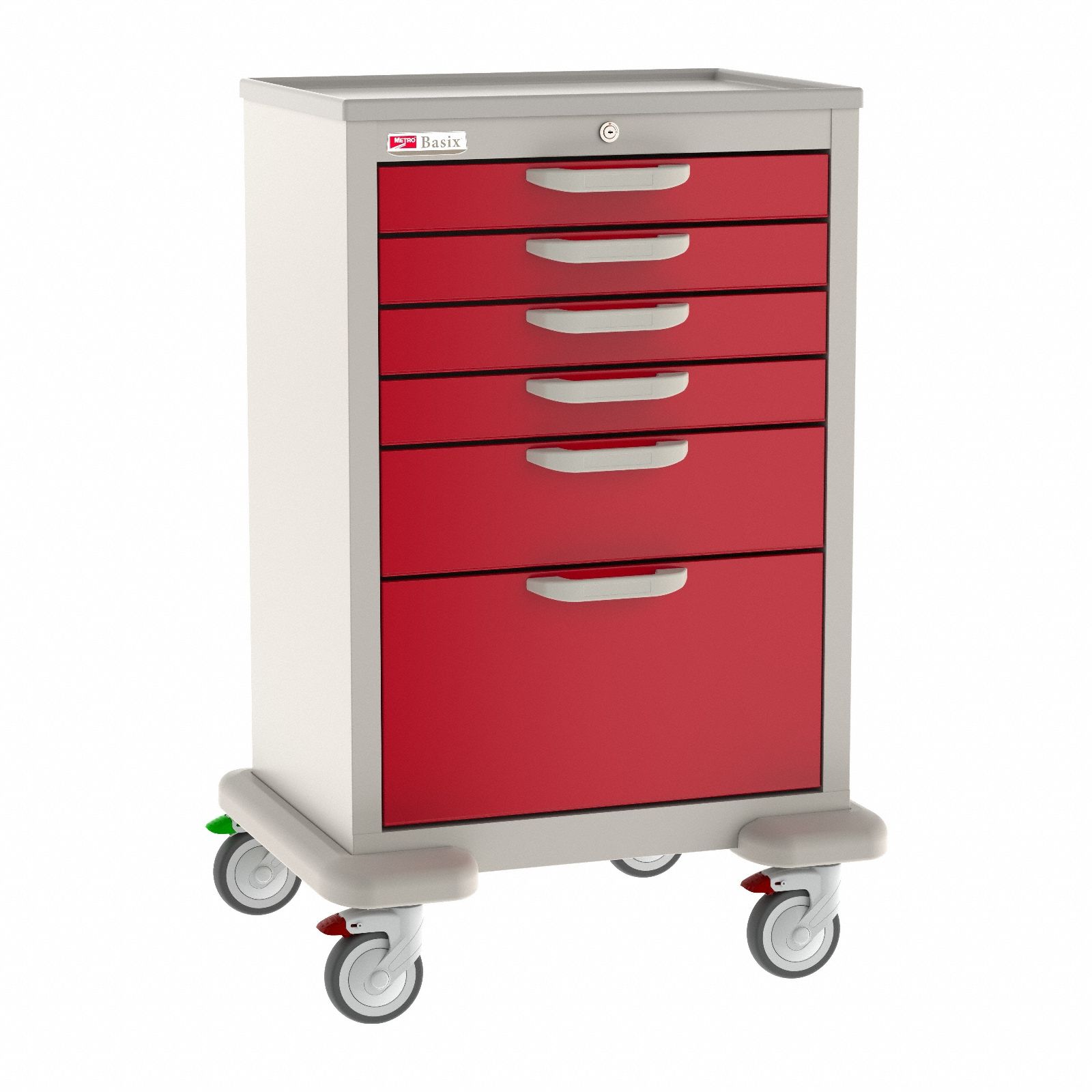 General Medical Supply Cart with Drawers: Polymer/Steel, (2) Swivel/(2) Swivel with Brake, Red