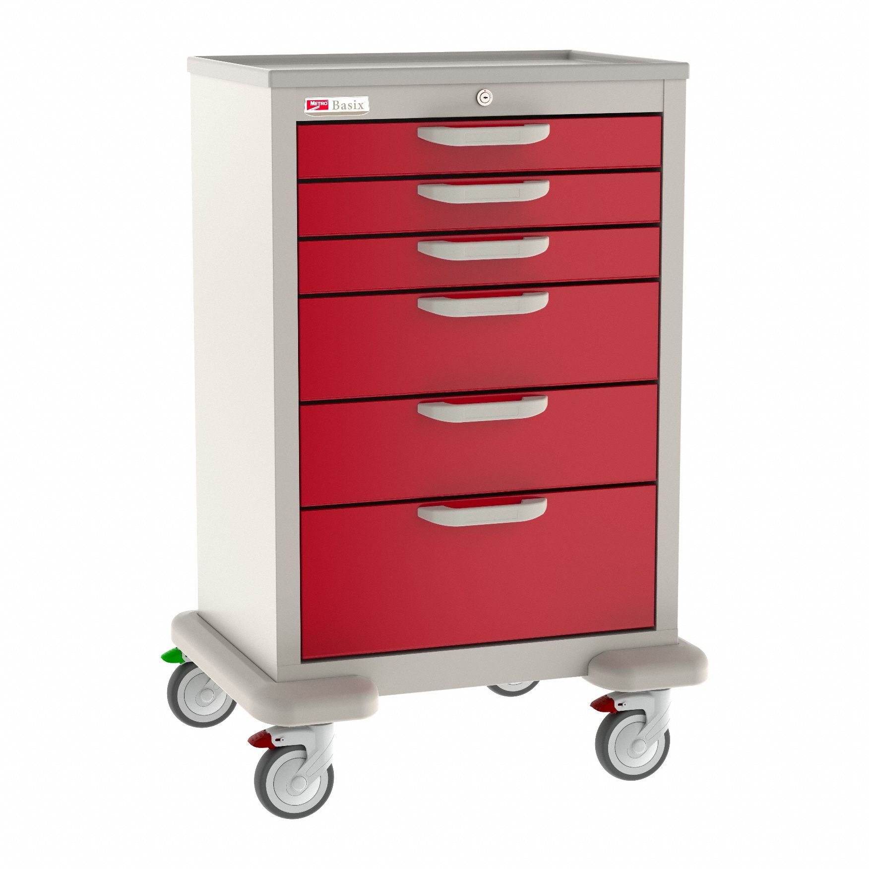General Medical Supply Cart with Drawers: Polymer/Steel, (2) Swivel/(2) Swivel with Brake, Red