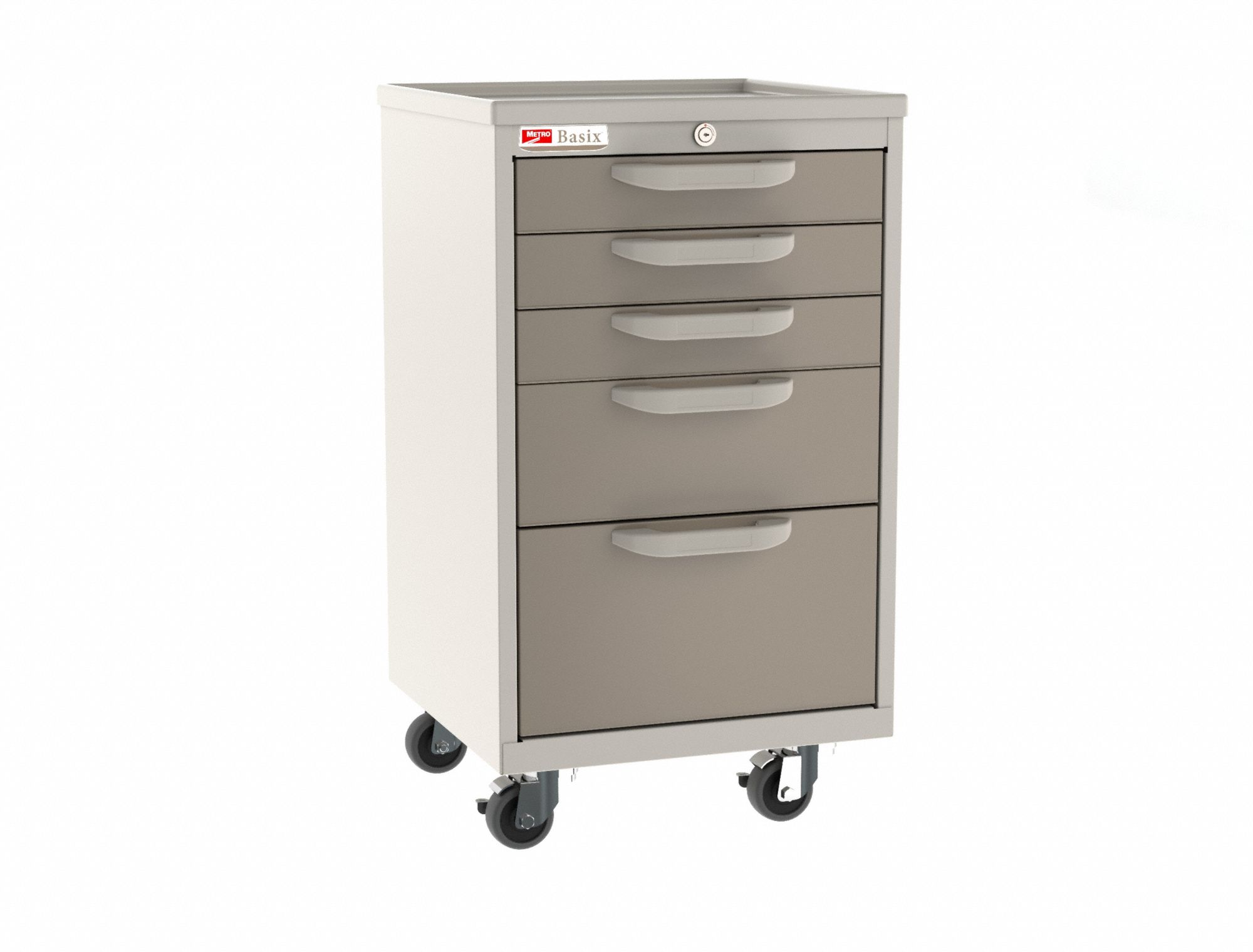 Compact General Medical Supply Cart with Drawers: Polymer/Steel, Taupe, Dark Tan, 5 Drawers