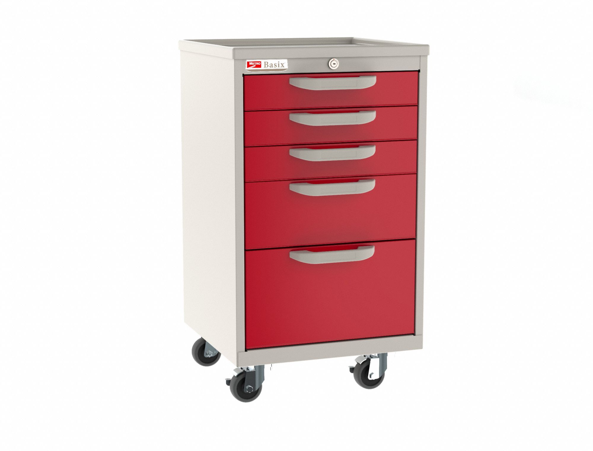 Compact General Medical Supply Cart with Drawers: Polymer/Steel, Taupe, Red, 5 Drawers