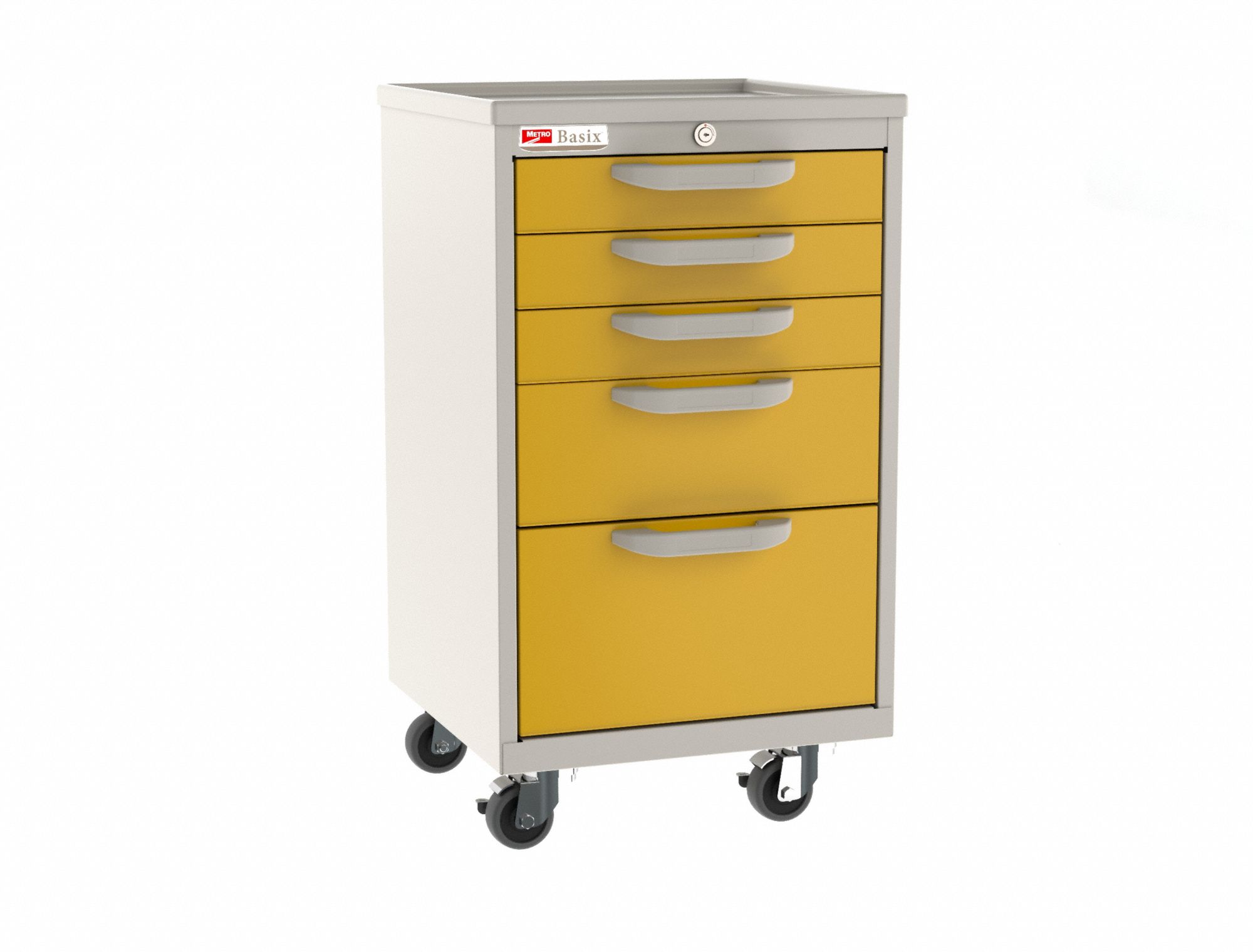 Compact General Medical Supply Cart with Drawers: Polymer/Steel, Taupe, Yellow, 5 Drawers