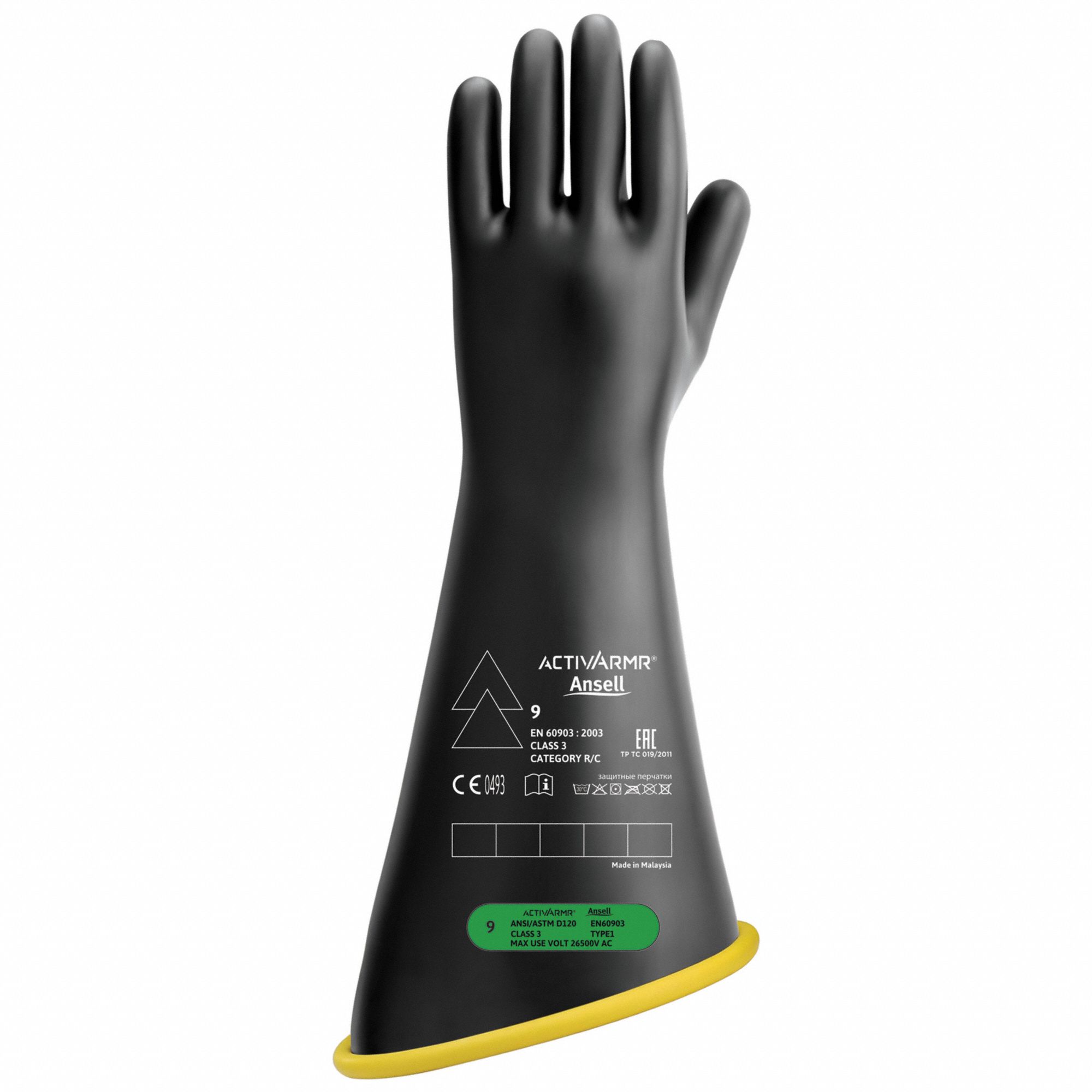 Electrical-Insulating Gloves: 26, 500V AC, 39, 750V DC, Black/Yellow, 18 in Glove Lg, 1 PR