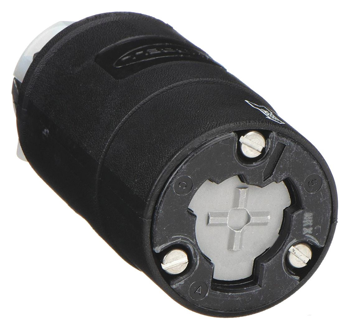 LOCKING CONNECTOR, NON-NEMA, 20 A, 125V AC, 2 POLES, BLACK, HOSPITAL GRADE