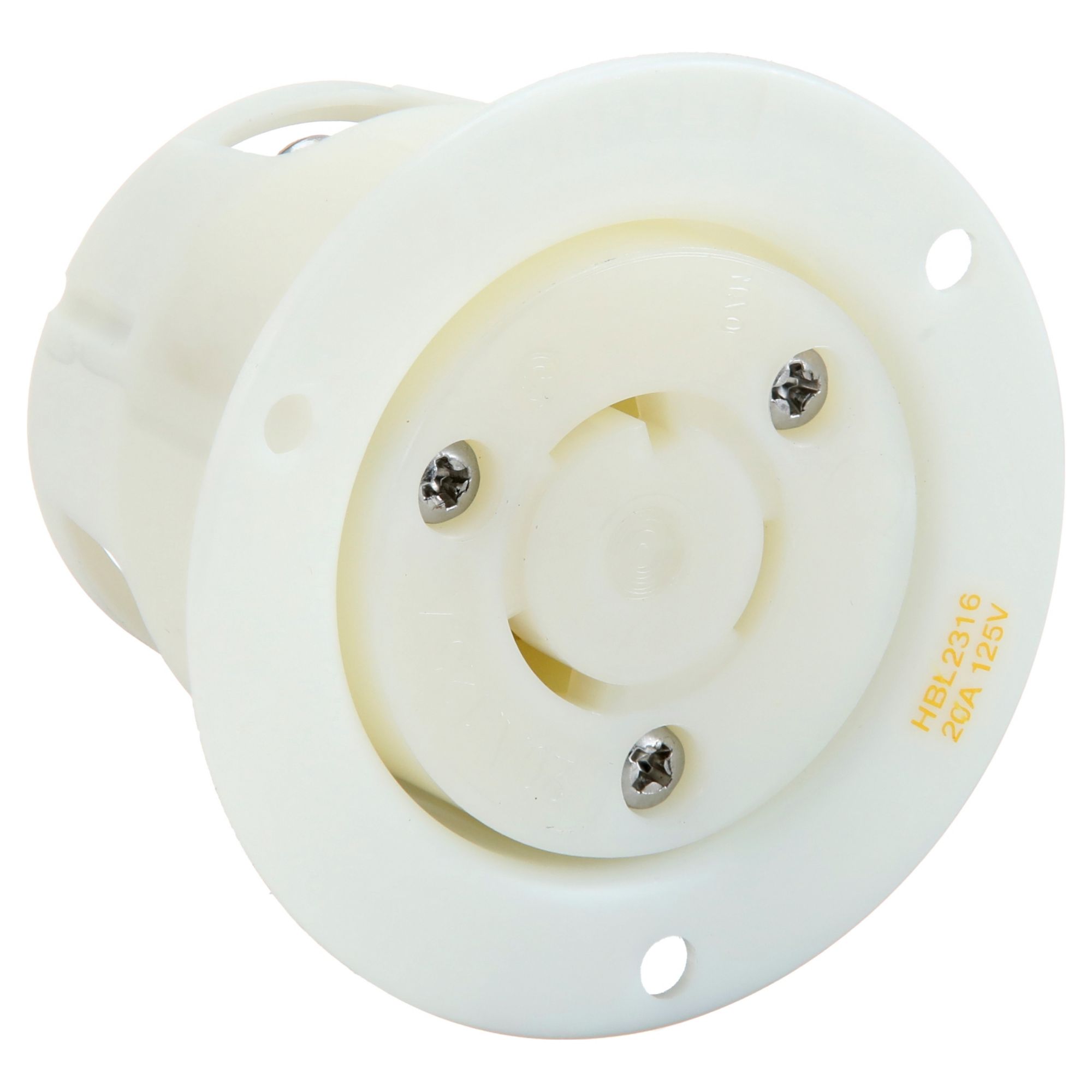 Flanged Locking Receptacle: L5-20R, 20 A, 125V AC, White, 2 Poles