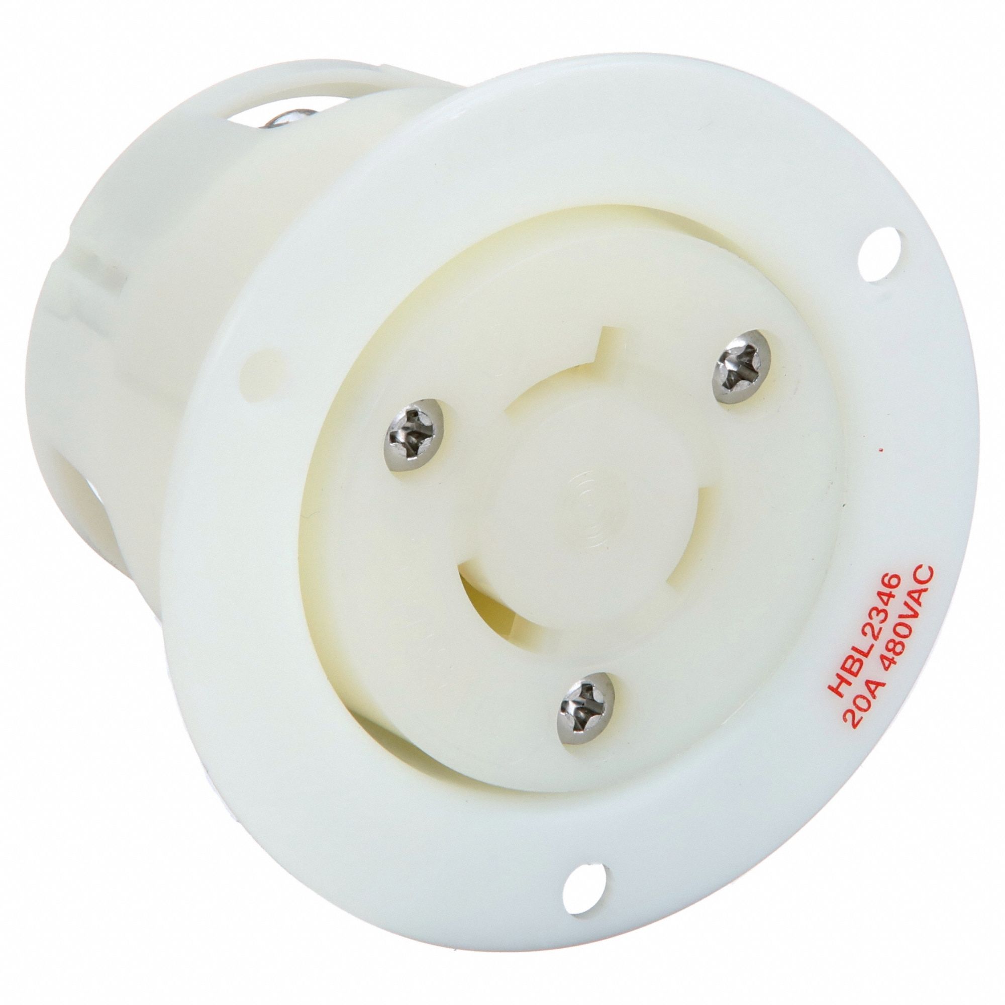 Flanged Locking Receptacle: L8-20R, 20 A, 480V AC, White, 2 Poles