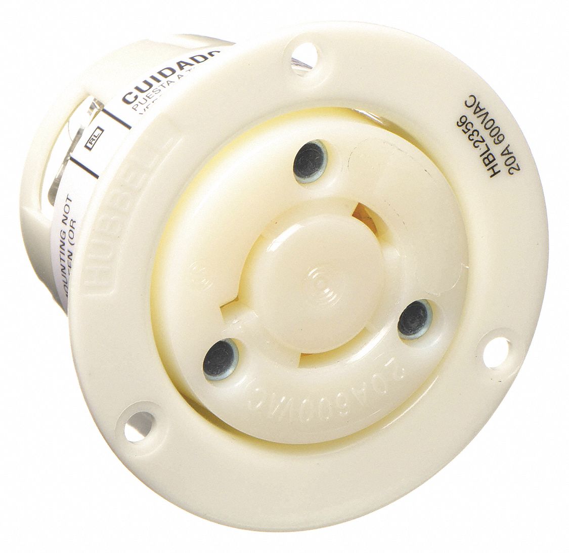 FLANGED LOCKING RECEPTACLE, L9-20R, 20 A, 600V AC, WHITE, 2 POLES