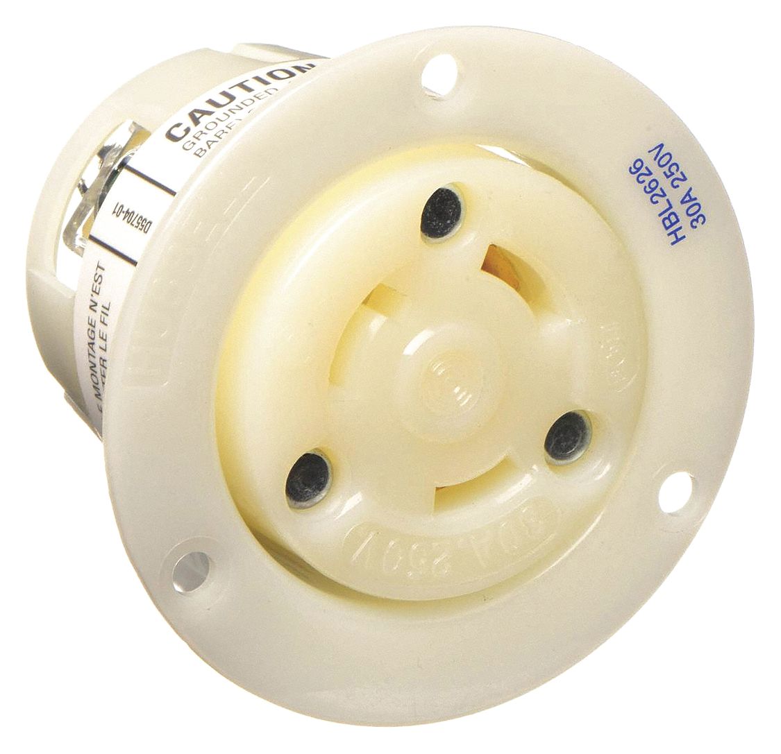 FLANGED LOCKING RECEPTACLE, L6-30R, 30 A, 250V AC, WHITE, 2 POLES