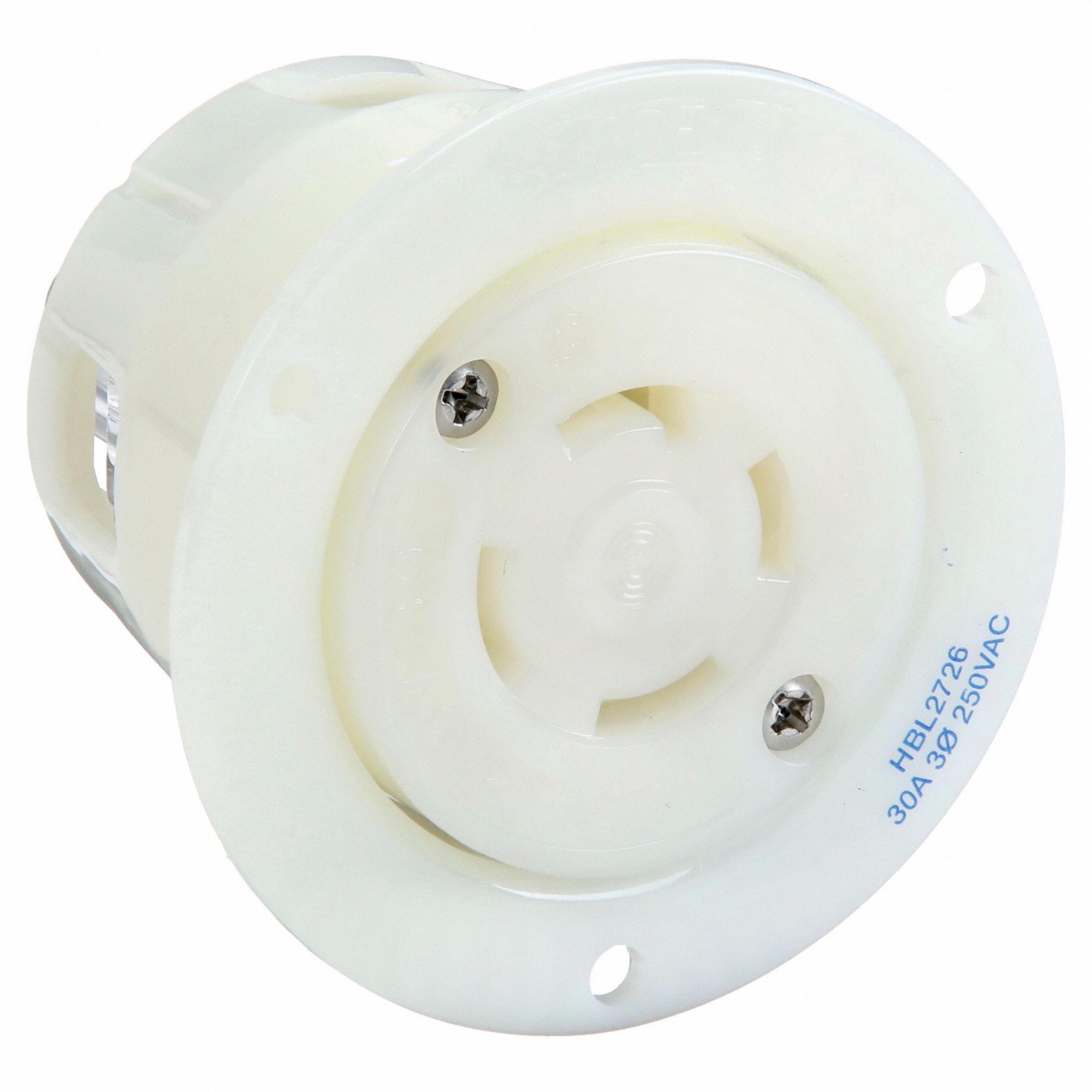 FLANGED LOCKING RECEPTACLE, L15-30R, 30 A, 250V AC, WHITE, 3 POLES