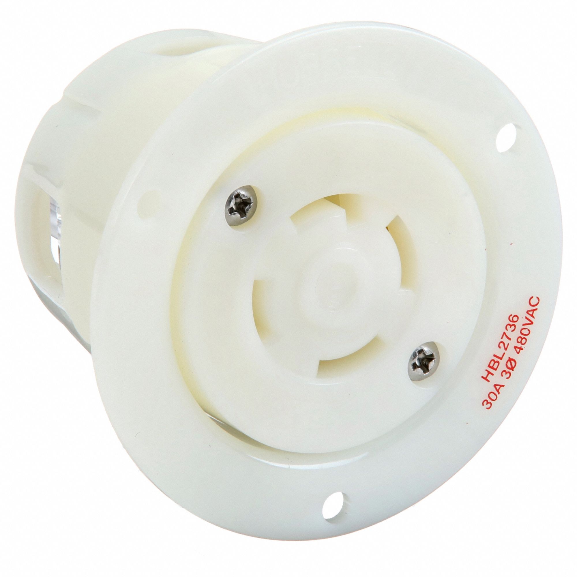 FLANGED LOCKING RECEPTACLE, L16-30R, 30 A, 480V AC, WHITE, 3 POLES