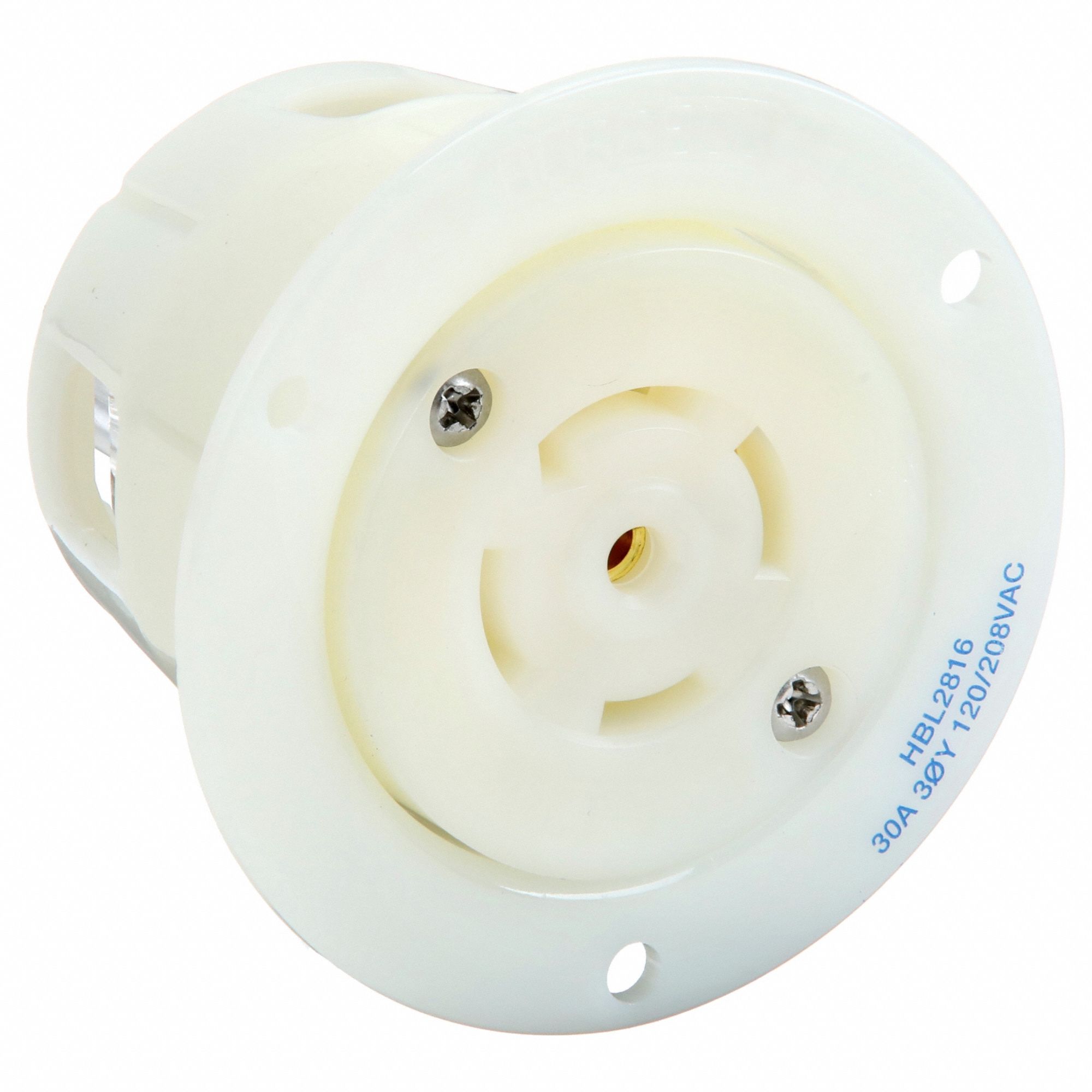 Flanged Locking Receptacle: L21-30R, 30 A, 120/208V AC, White, 4 Poles