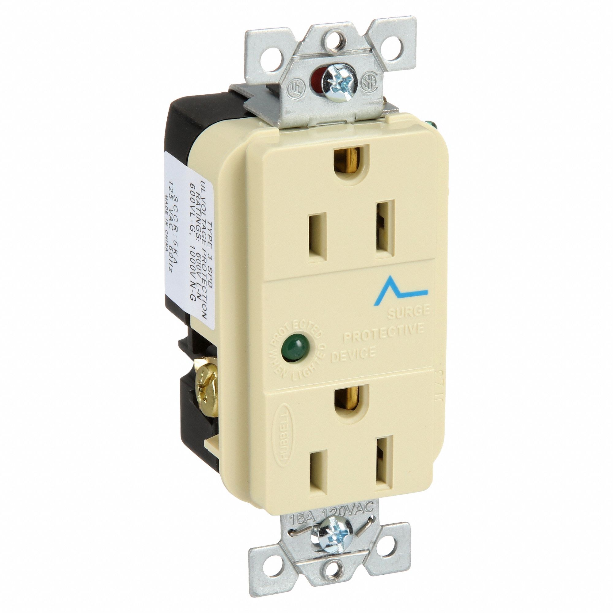 Receptacle: Duplex, Ivory, 5-15R, 15 A, 125V AC, 2 Pole / 3 Wire, Screw Terminals