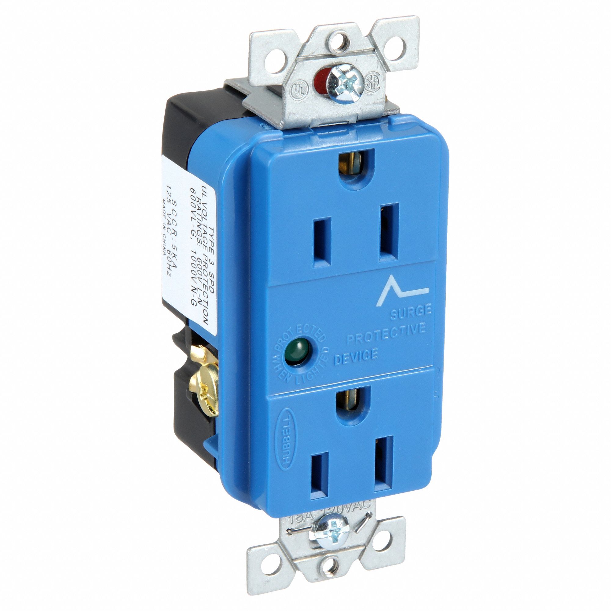 RECEPTACLE, DUPLEX, BLUE, 5-15R, 15 A, 125V AC, 2 POLE/3 WIRE, SCREW TERMINALS
