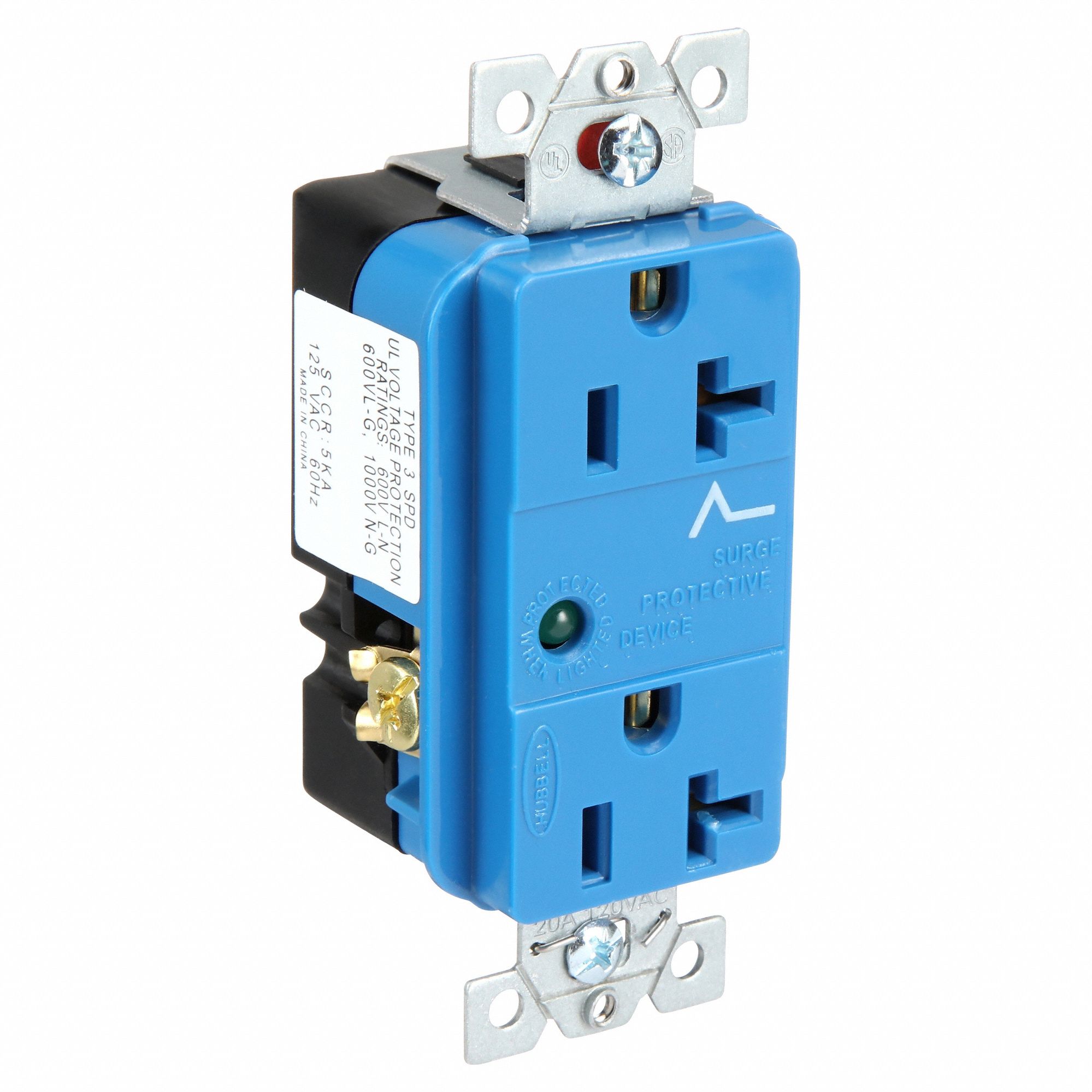 Receptacle: Duplex, Blue, 5-20R, 20 A, 125V AC, 2 Pole / 3 Wire, Screw Terminals
