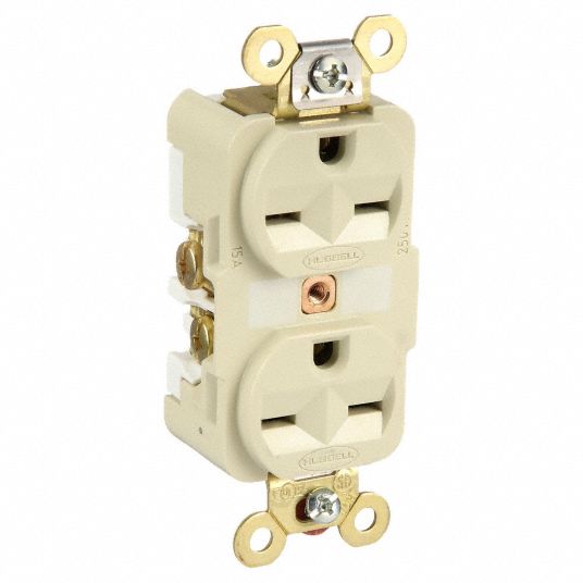 Receptacle: Duplex, 6-15R, 250V AC, 15 A, 2 Poles, Ivory, Screw Terminals,  Std Protection