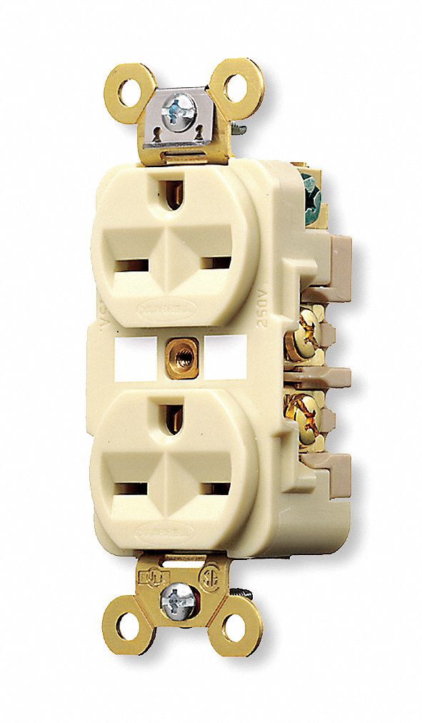 HUBBELL Receptacle Duplex, 615R, 250V AC, 15 A, 2 Poles, Ivory, Screw