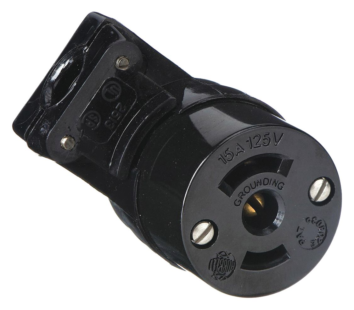 Midget Locking Angle Connector: ML2-15R, 15 A, 125V AC, 2 Poles, Black, Screw Terminals