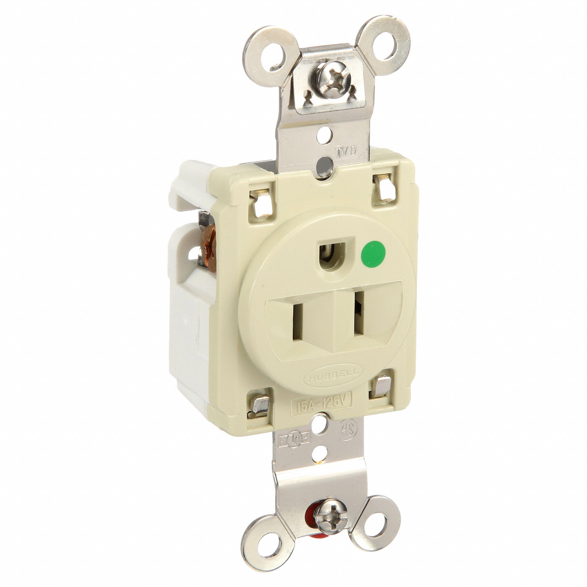 RECEPTACLE, SINGLE, 5-15R, 15 A, 125V AC, IVORY, 2 POLE/3 WIRE POLES AND WIRES