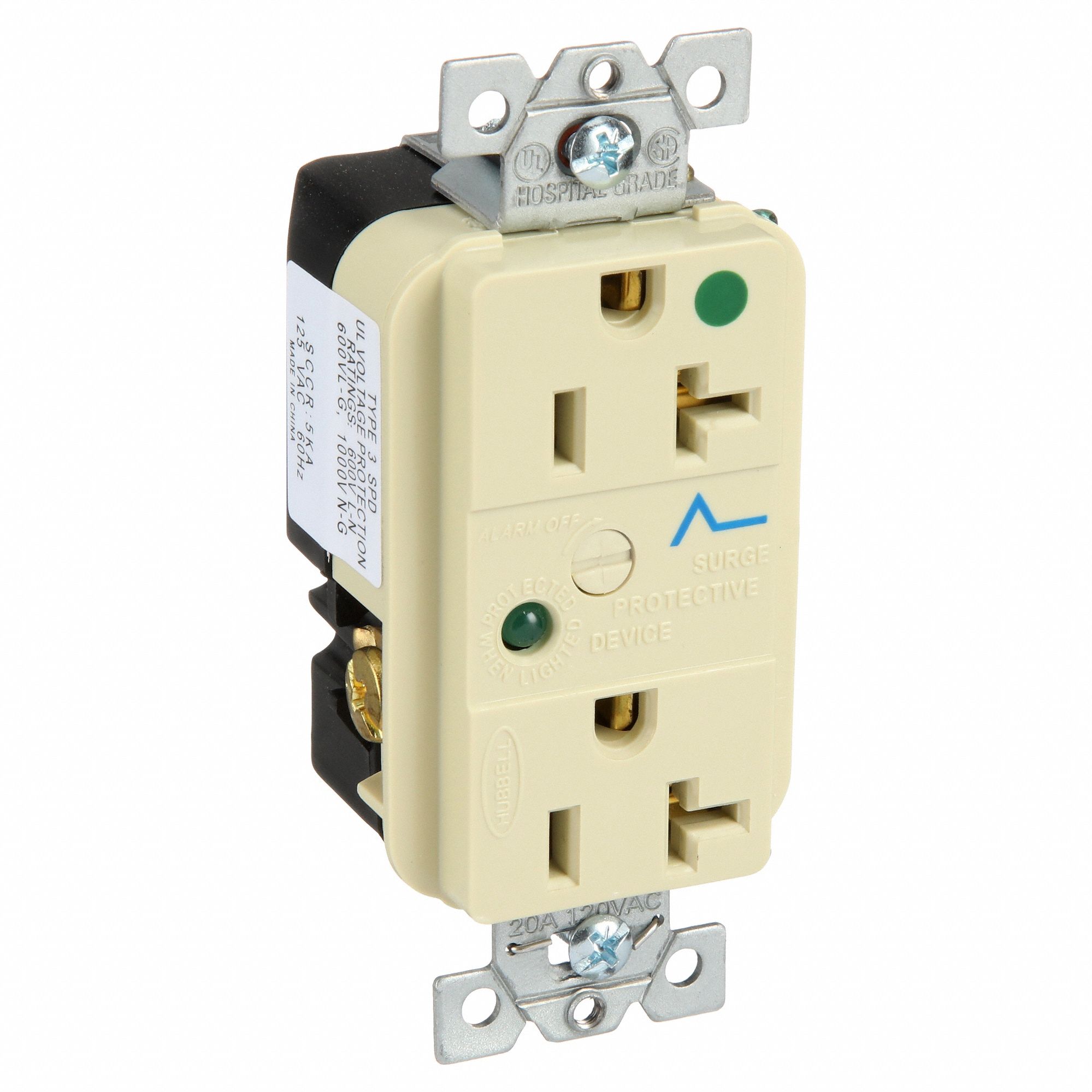 RECEPTACLE, DUPLEX, 5-20R, 20 A, 125V AC, IVORY, 2 POLE/3 WIRE POLES AND WIRES