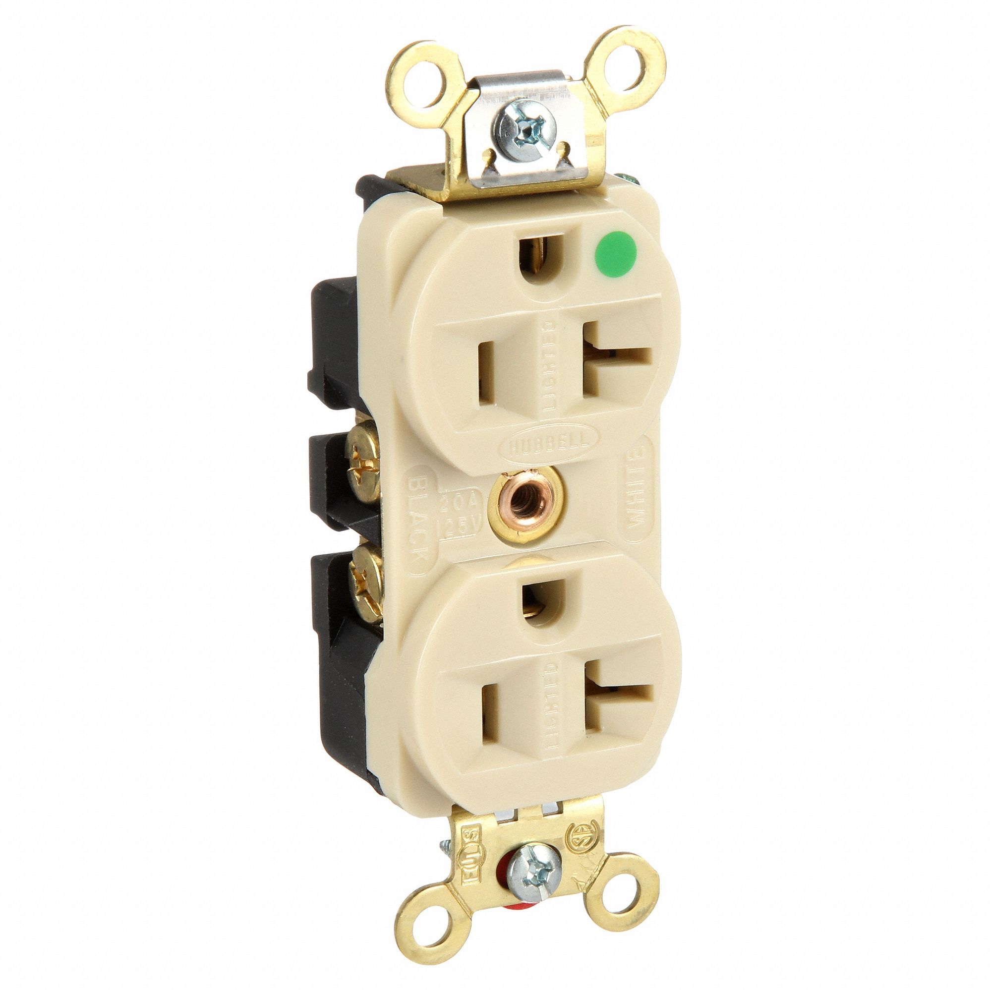 RECEPTACLE, DUPLEX, 5-20R, 20 A, 125V AC, IVORY, 2 POLE/3 WIRE POLES AND WIRES