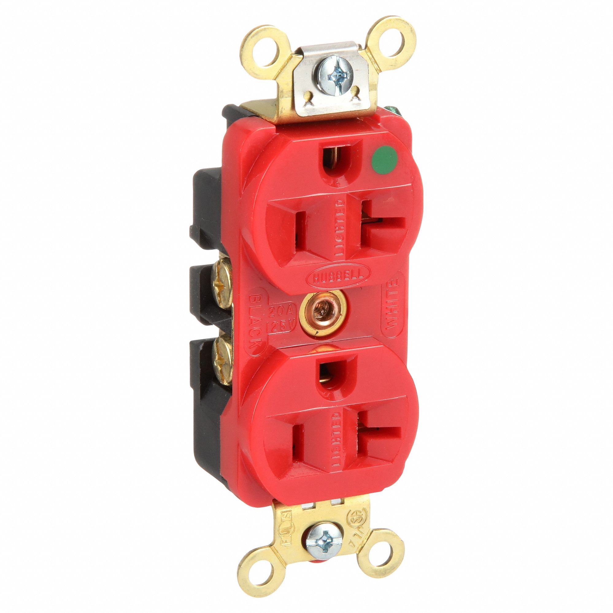 RECEPTACLE, DUPLEX, 5-20R, 20 A, 125V AC, RED, 2 POLE/3 WIRE POLES AND WIRES