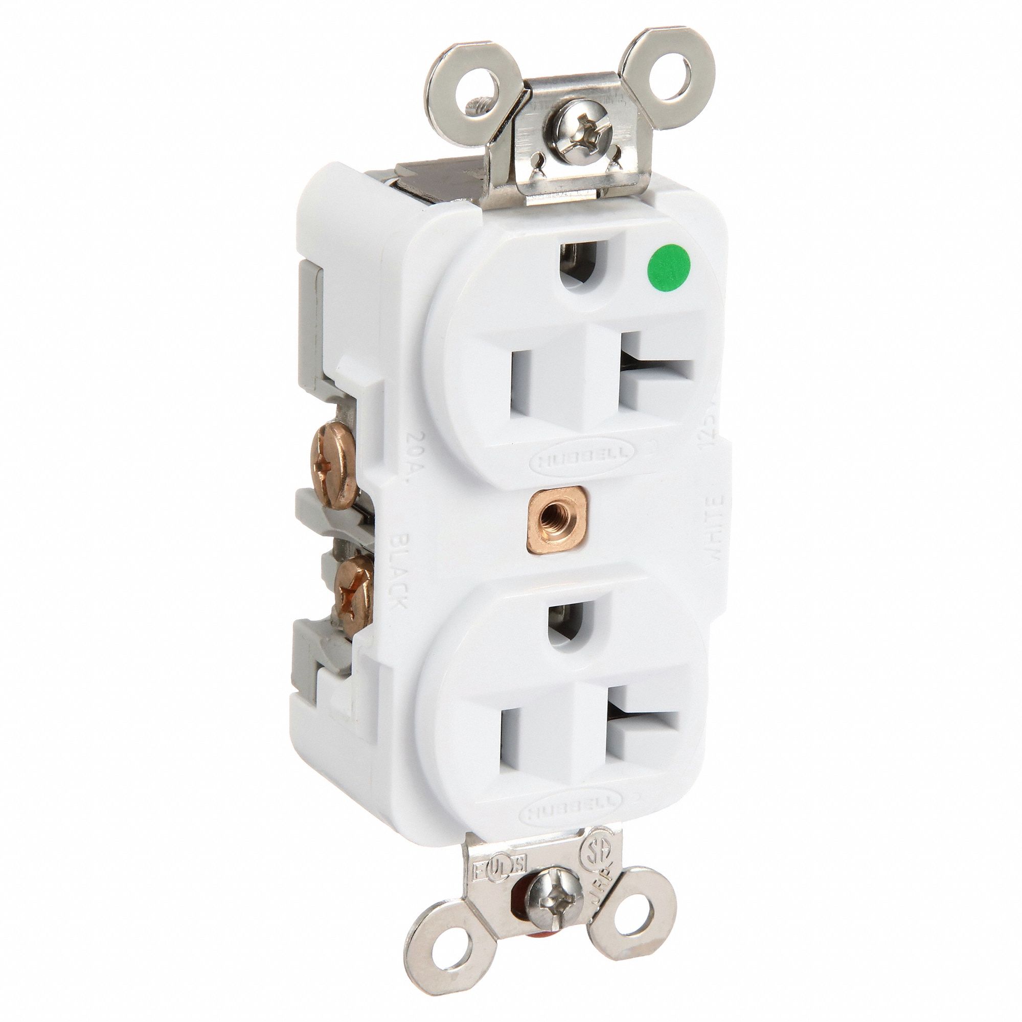 RECEPTACLE, DUPLEX, 5-20R, 20 A, 125V AC, WHITE, 2 POLE/3 WIRE POLES AND WIRES