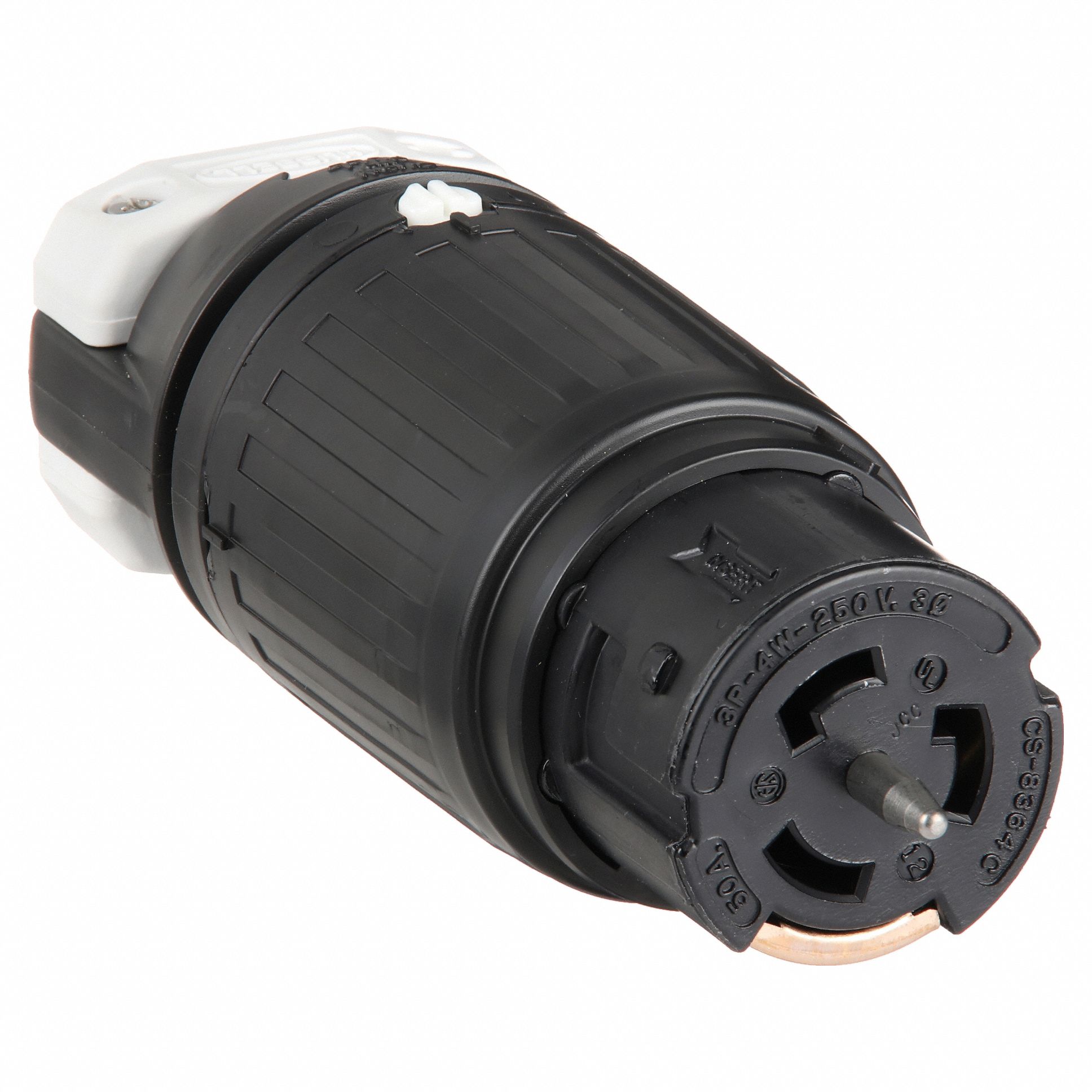 LOCKING CONNECTOR, NON-NEMA, 50 A, 250V AC, 3 POLES, BLACK/WHITE