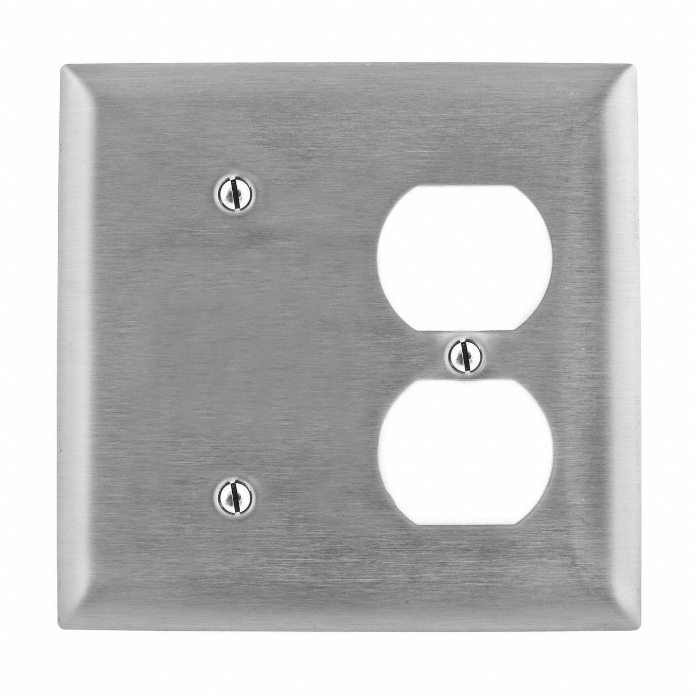 DUPLEX/BLANK WALL PLATE, COMBO, STAINLESS STEEL, SILVER, 1 OUTLET OPENING, 0 SWITCH OPENINGS