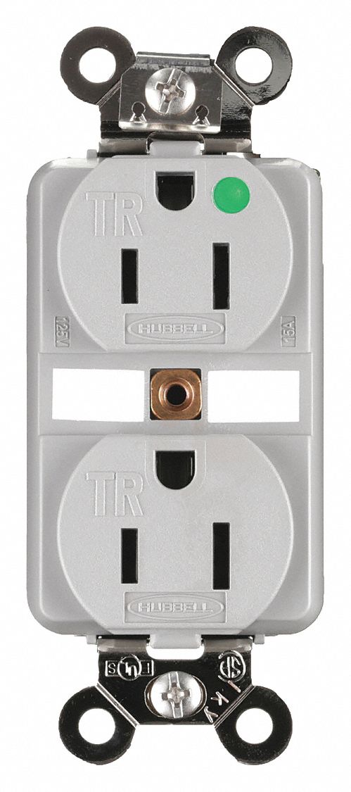 RECEPTACLE, DUPLEX, 5-15R, 15 A, 125V AC, GREY, 2 POLE/3 WIRE POLES AND WIRES