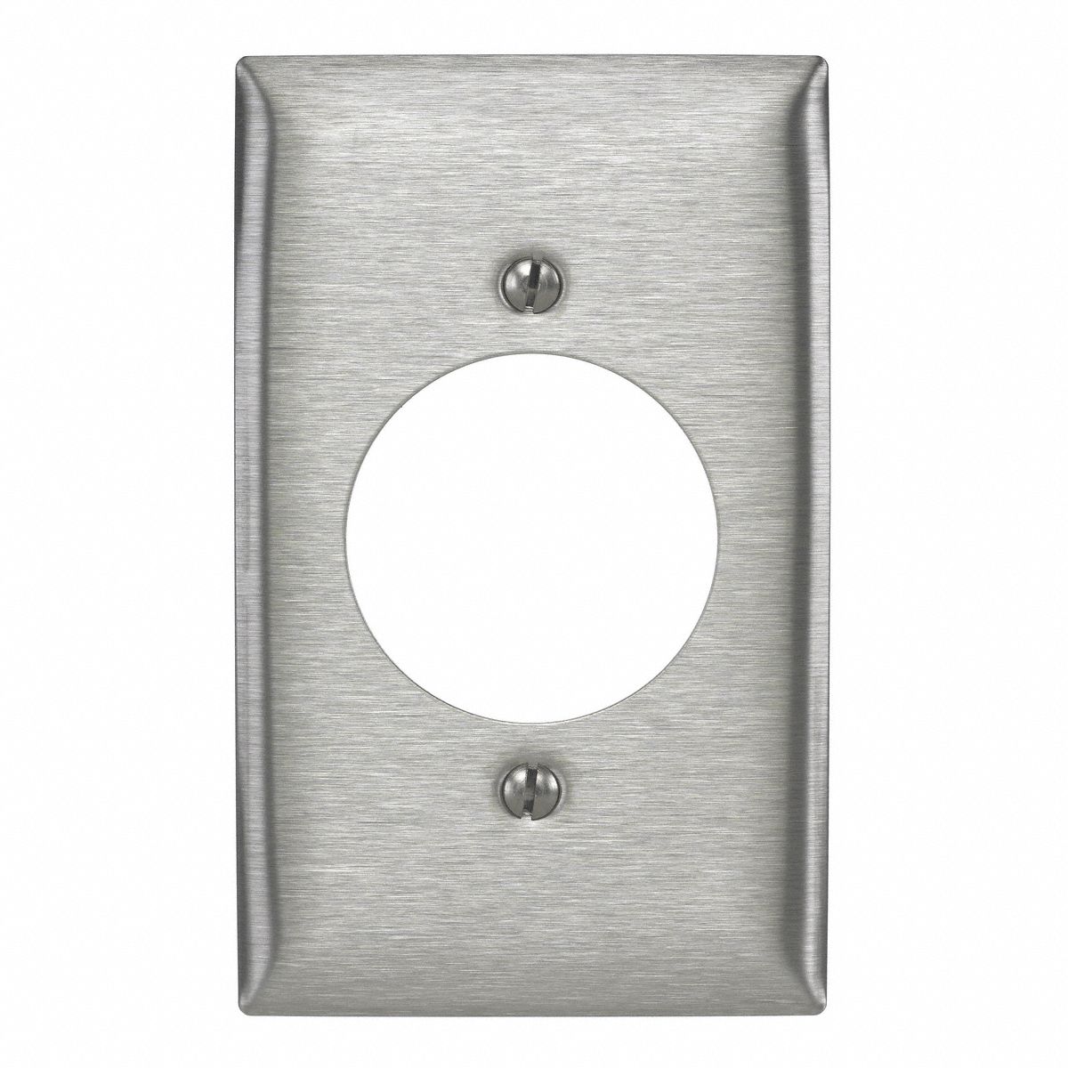 SINGLE RECEPTACLE WALL PLATE, SINGLE CIRCULAR OPENING, STAINLESS STEEL, SILVER, 1 OUTLET OPENING
