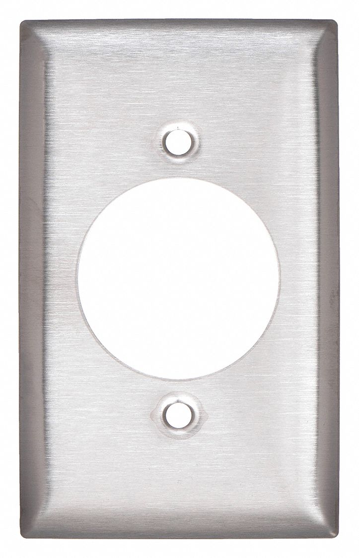 SINGLE RECEPTACLE WALL PLATE, SINGLE CIRCULAR OPENING, STAINLESS STEEL, SILVER, 1 OUTLET OPENING