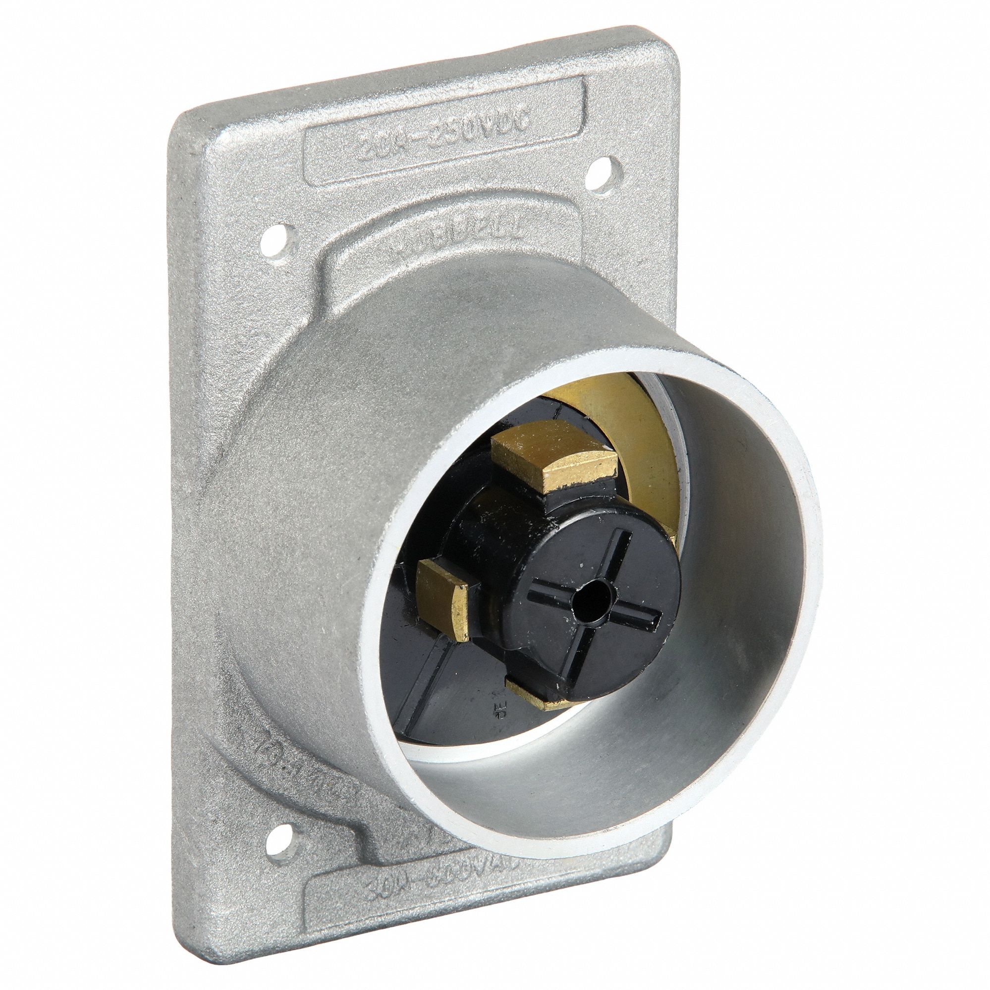 Flanged Locking Inlet: Non-NEMA, 30 A, 250V DC/600V AC, 4 Blades, Flush