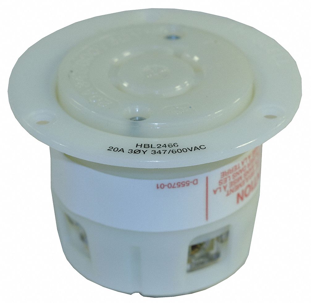 Flanged Locking Receptacle: L20-20R, 20 A, 347/600V AC, White, 4 Poles