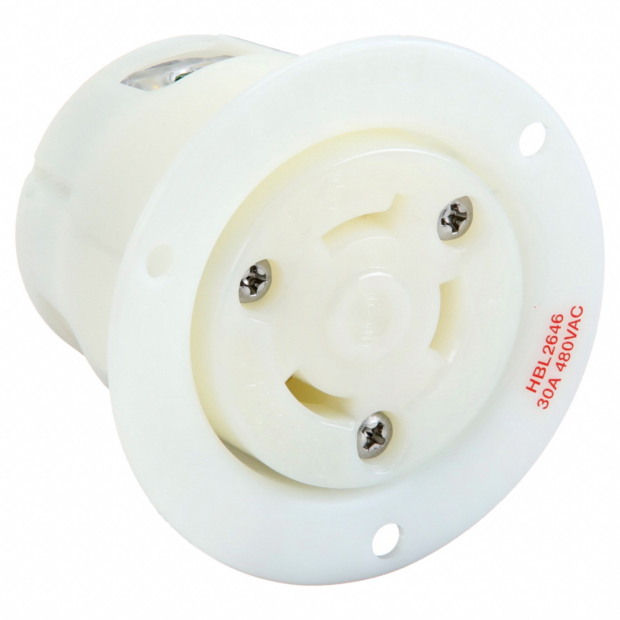 Flanged Locking Receptacle: L8-30R, 30 A, 480V AC, White, 2 Poles