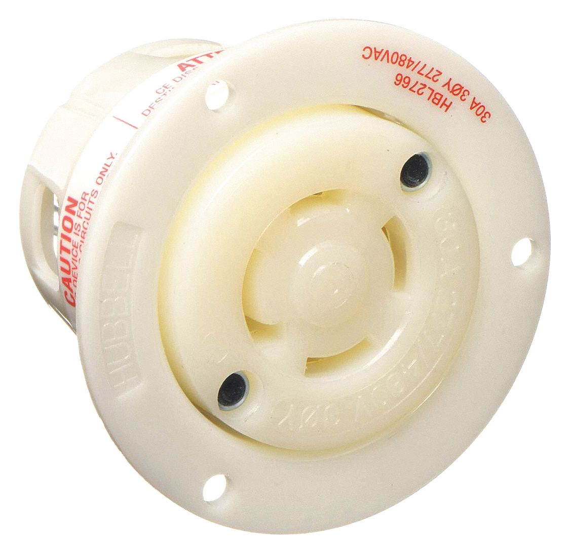 Flanged Locking Receptacle: L19-30R, 30 A, 277/480V AC, White, 4 Poles