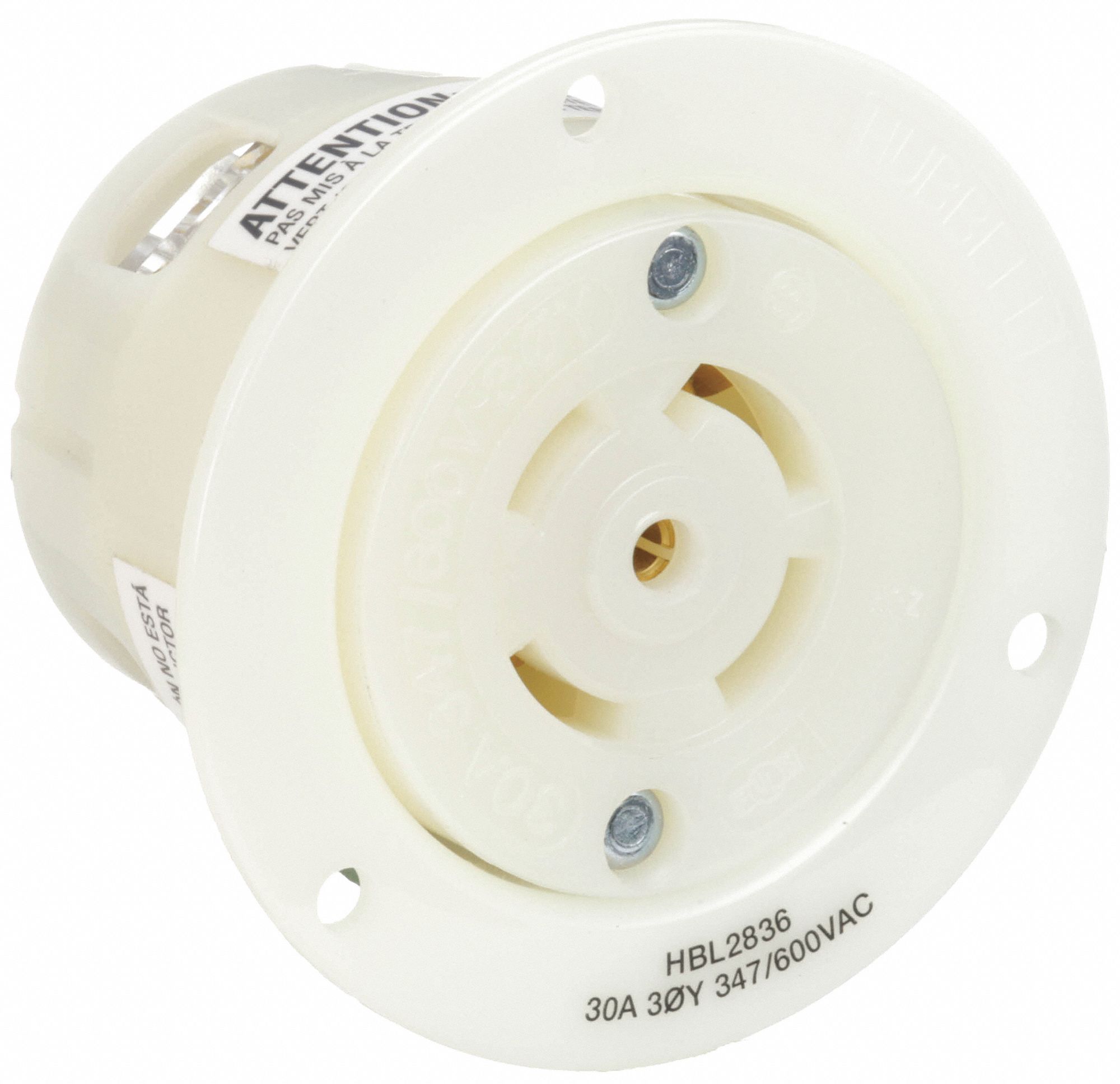 Flanged Locking Receptacle: L23-30R, 30 A, 347/600V AC, White, 4 Poles