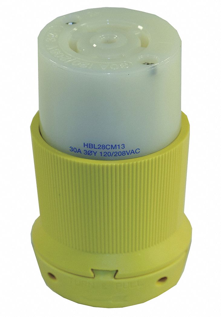 Midget Locking Connector: L21-30R, 30 A, 120/208V AC, 4 Poles, Yellow, Screw Terminals