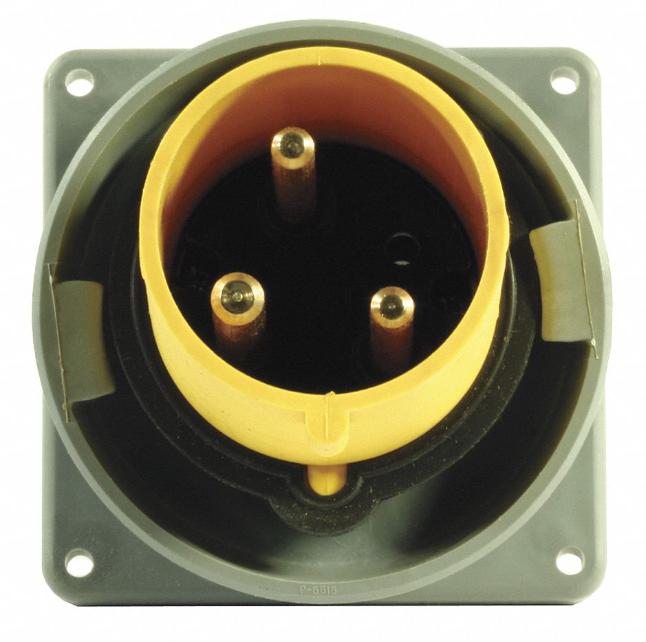 Watertight Pin and Sleeve Inlet: 30 A, 125V AC, IEC Grounding, Yellow, 2 hp Horsepower Rating